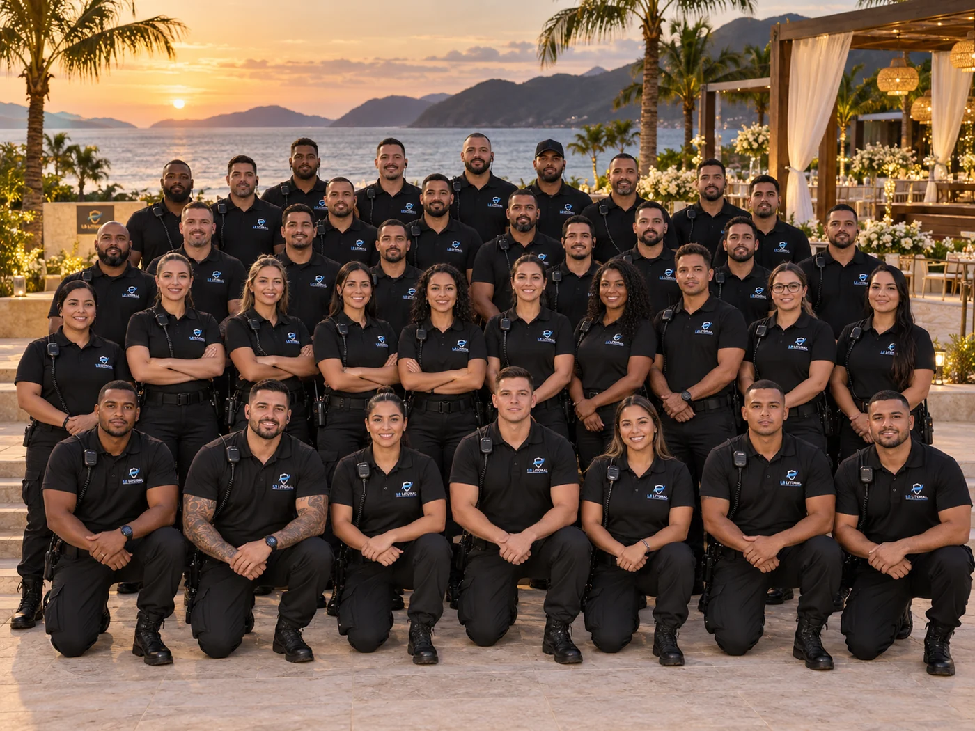 Equipe LS Litoral uniformizada, ao pôr do sol no Litoral Norte